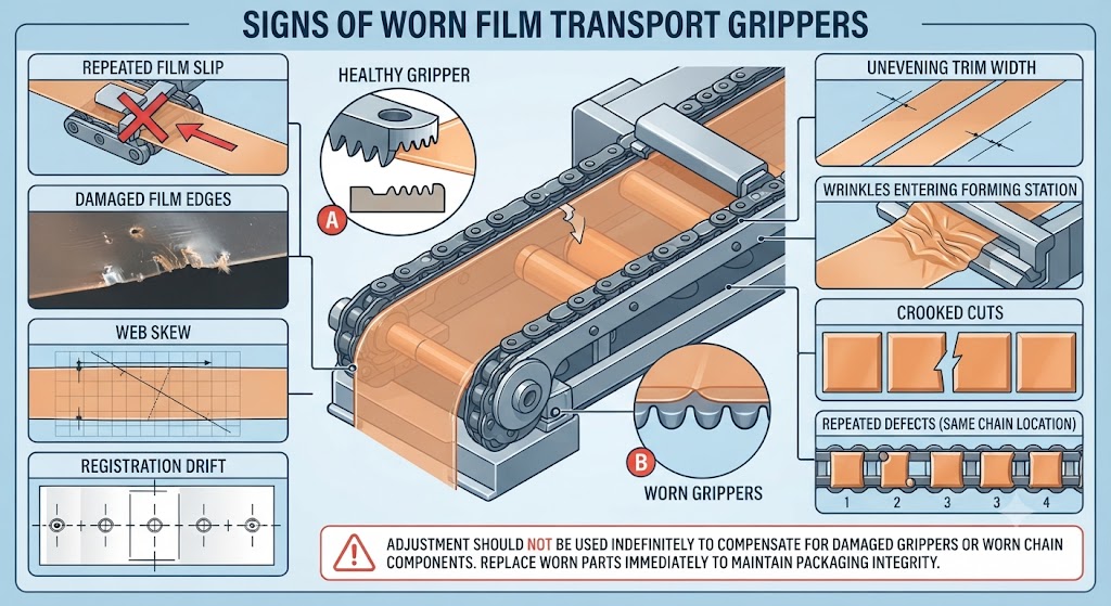 Signs of worn gripper chain components on a rollstock packaging machine.